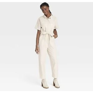 Universal Thread Womens Sz 4 Tan Beige Short Sleeve Button Up Boiler Suit Romper